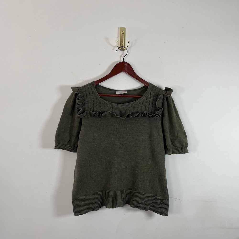 Loft Outlet Knit Sweater Top Boxy Fit Ruffles Olive Green Womens Large Cotton